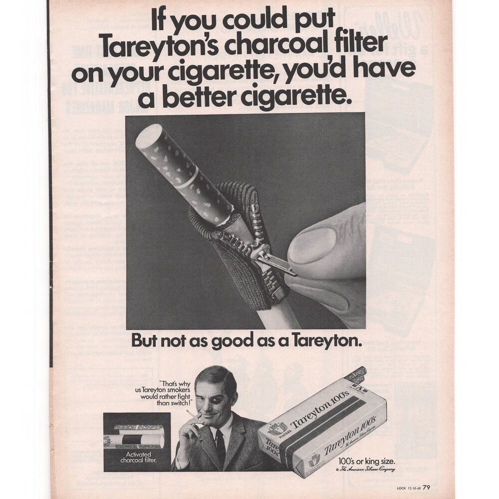 Tareyton 100s Cigarette Magazine Advertisement Vintage 1968 Tobacciana Filter